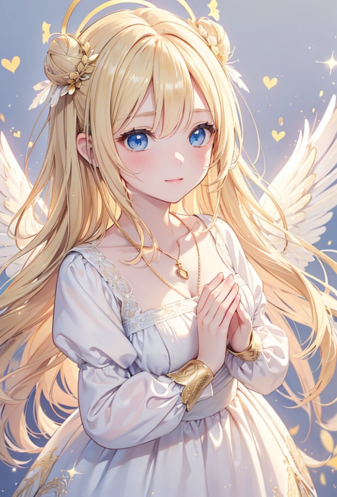 masterpiece, best quality, extremely detailed, 1girl, young angel, anime style, cute, blonde hair, wavy hair, side bun, blue eyes, gentle smile, blushing cheeks, white dress, elegant, golden heart-shaped pendant, big white feathery angel wings, glowing golden halo, soft golden light, bokeh, sparkling particles, romantic, dreamy, heavenly, pastel colors, portrait, full body, front view, depth of field, intricate details, high resolution, 8k， with a background of soft golden hearts, with a mystical aura, surrounded by floating feathers, ...