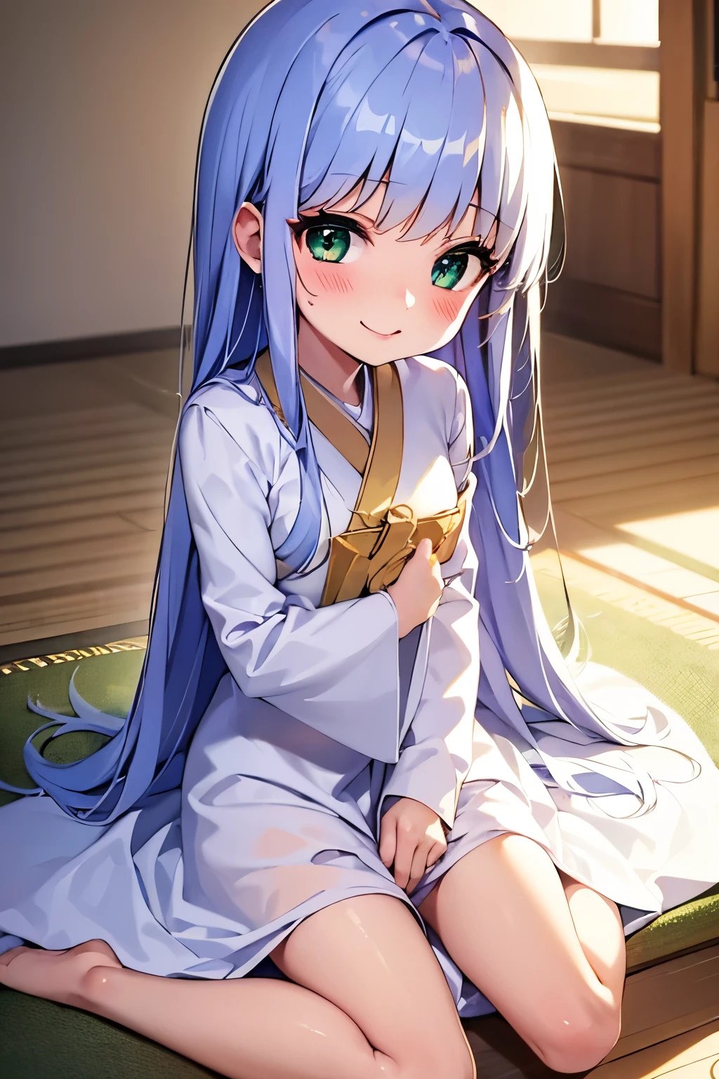Long silver hair, green eyes, furisode, small breast, smile, happy, beautiful thighs, inside house
