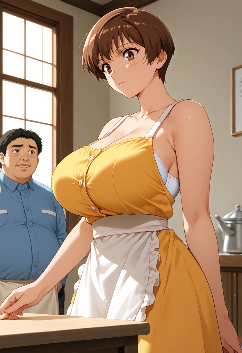 etsukoto, huge breasts,short hair,brown hair,brown eyes,
yellow dress, sleeveless dress, apron, white socks, mary janes　 huge breasts　stripgame
mahjong　Mahjong tournament　 sits at the mahjong table　Spectacle　Middle-aged fat man 　White Bra　ひやかし　　nsfw　 Punishment Game　Strip Mahjong