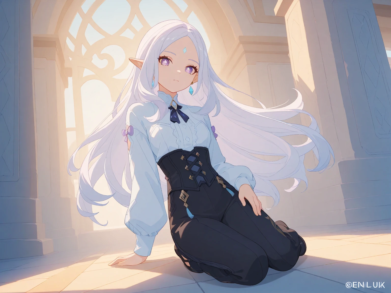  Girl with long hair, white hair, anime aesthetic, anime vibes, Anime, noble girl, anime art wallpaper 4 k, anime art wallpaper 4k, anime art wallpaper 8 k, anime background art,anime asthetic, masterpiece , top quality,  elven woman, ((light purple eyes)).  solo, teenager, young woman.violet eyes.white hair.white long hair.forehead.middle forehead.hairstyle.makeup.earrings.corset. trousers. genshin impact. mihoyo. wuthering weves. pointed ears.((genshin impact style)), ligh blue, ((full body)) (hot body)
