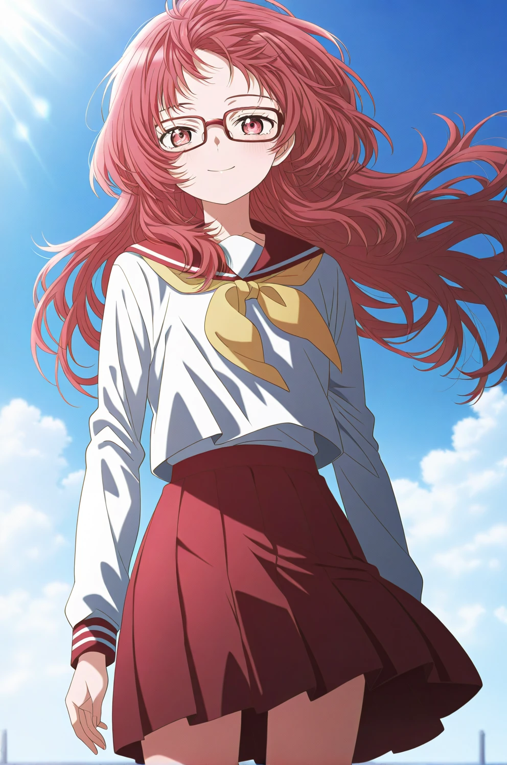 masterpiece, best quality,  absurdres, highres, cinematic light, 1girl,  miewz, red eyes, glasses, red hair, long hair, serafuku, sailor collar, yellow neckerchief, white shirt, school uniform, red skirt, pleated skirt, black socks, standing, outdoors, looking at viewer, blue sky, sidelighting, smile, wind,floating hair, general, cowboy shot,