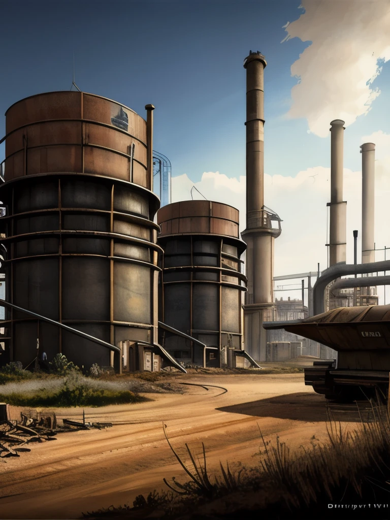 there are many large tanks that are sitting in the dirt, a detailed matte painting by Wu Zhen, deviantart, digital art, abandoned steelworks, industrial scifi, industrial sci fi, industrial sci-fi, industrial sci - fi, post apocalyptic factory, industrial aesthetic, industrial complex, dystopian landscape, # dystopian art, chemical plant, industrial setting, industrial, rusty metal towers