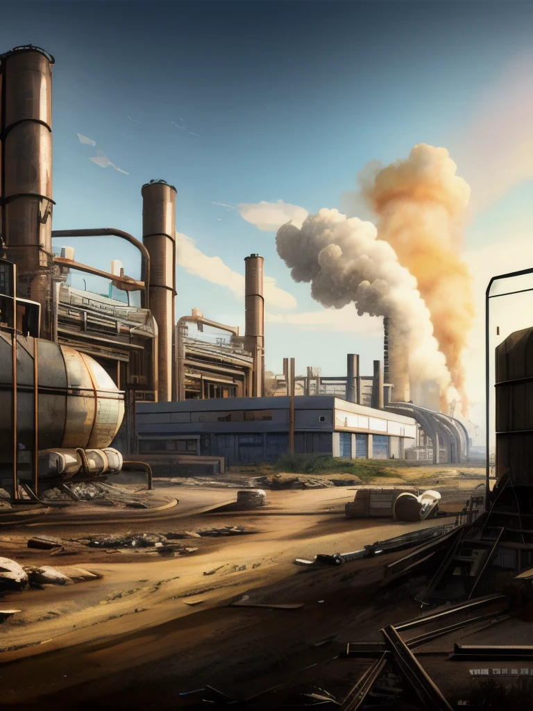 there are many large tanks that are sitting in the dirt, a detailed matte painting by Wu Zhen, deviantart, digital art, abandoned steelworks, industrial scifi, industrial sci fi, industrial sci-fi, industrial sci - fi, post apocalyptic factory, industrial aesthetic, industrial complex, dystopian landscape, # dystopian art, chemical plant, industrial setting, industrial, rusty metal towers