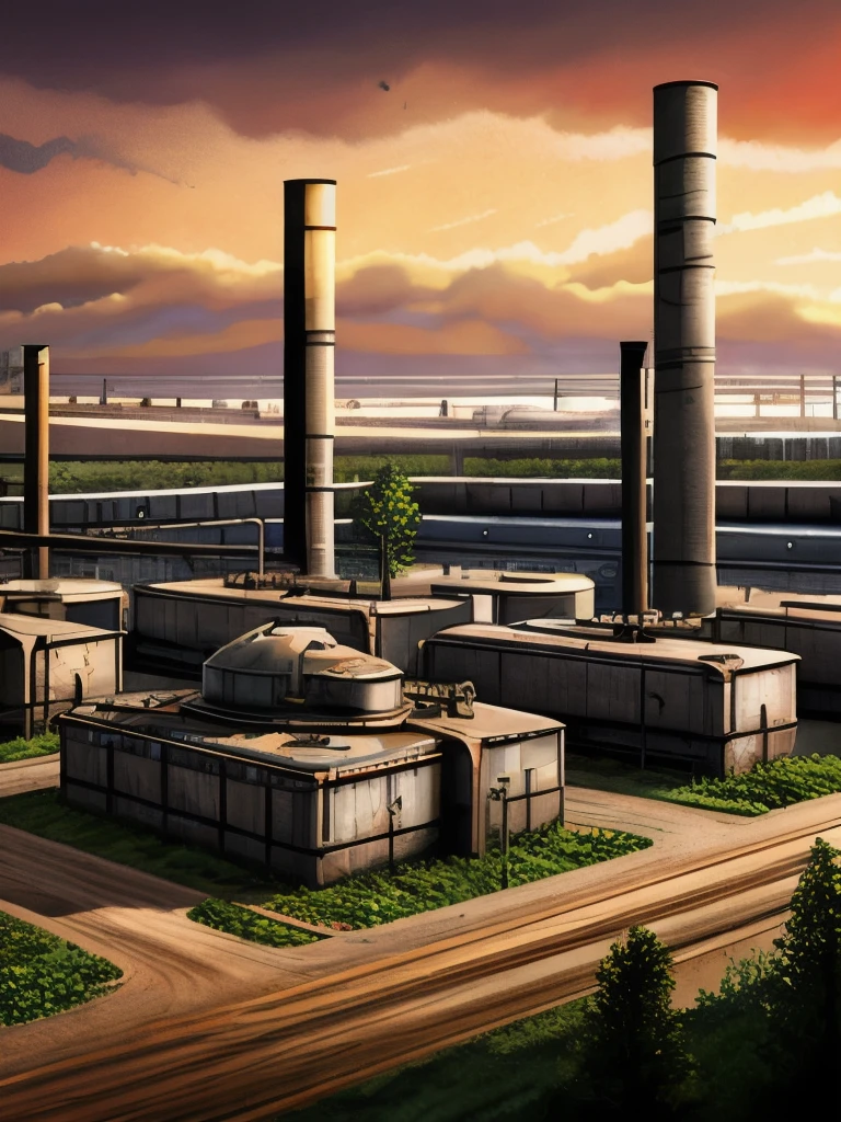 there are many large tanks that are sitting in the dirt, a detailed matte painting by Wu Zhen, deviantart, digital art, abandoned steelworks, industrial scifi, industrial sci fi, industrial sci-fi, industrial sci - fi, post apocalyptic factory, industrial aesthetic, industrial complex, dystopian landscape, # dystopian art, chemical plant, industrial setting, industrial, rusty metal towers