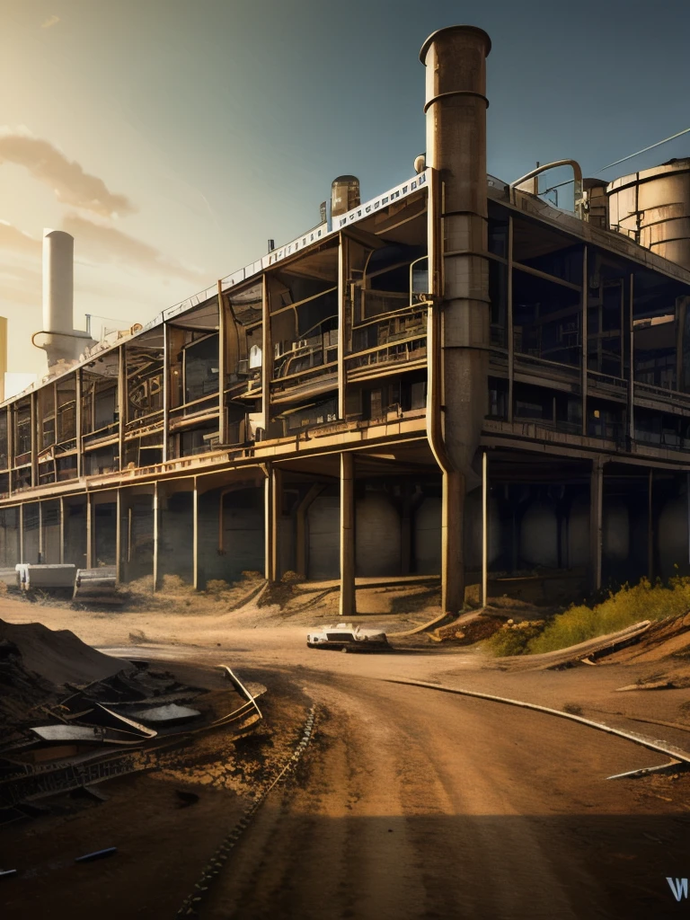 there are many large tanks that are sitting in the dirt, a detailed matte painting by Wu Zhen, deviantart, digital art, abandoned steelworks, industrial scifi, industrial sci fi, industrial sci-fi, industrial sci - fi, post apocalyptic factory, industrial aesthetic, industrial complex, dystopian landscape, # dystopian art, chemical plant, industrial setting, industrial, rusty metal towers