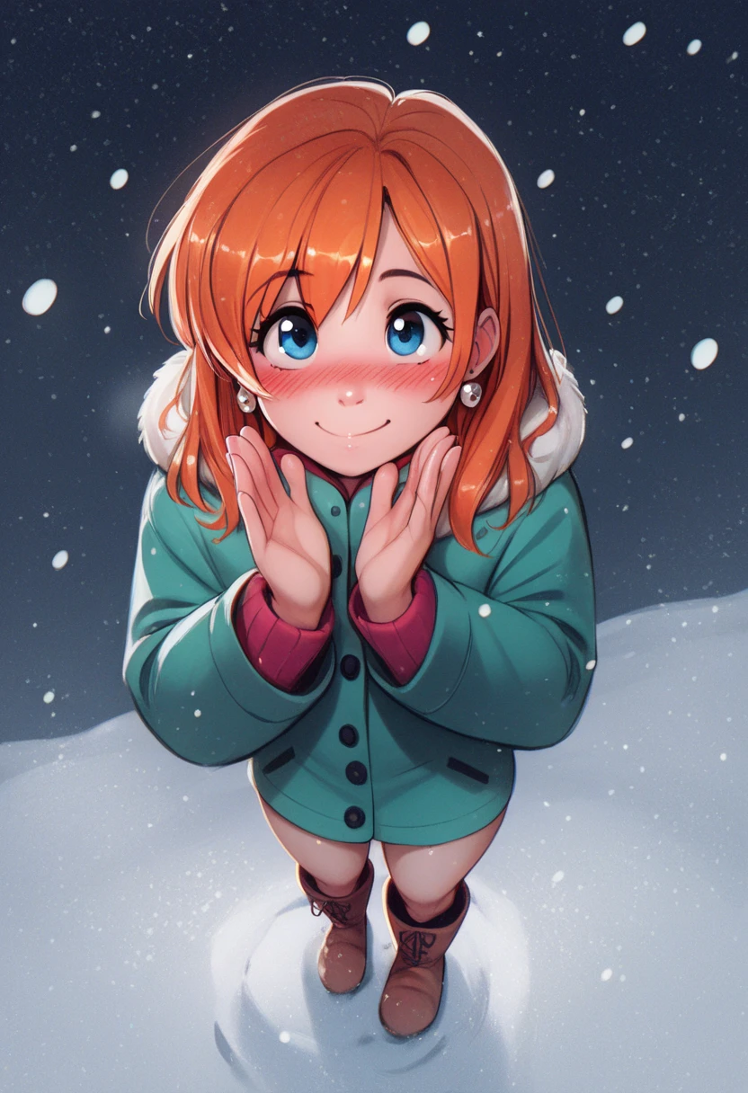 kousaka honoka , blue eyes, orange hair,earrings, (blushing:1.2), simple background,winter,standing, smile, snowing,snow on hand, night,score_9, score_8_up, score_7_up, score_6_up, looking up,boots,p4l0m4, webcomic,hentai, thighs