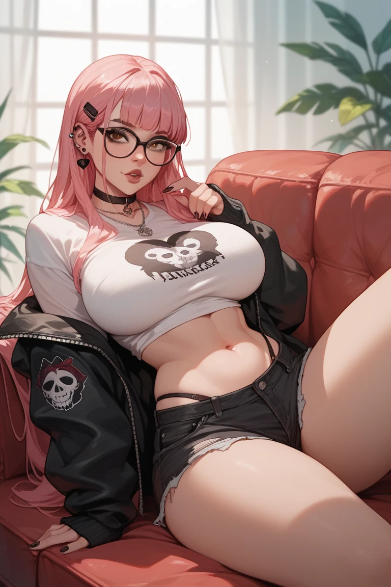 Curvy, glasses, sexy, large breasts, light pink long hair, BROWN EYES, emo style, clothed, sitting down on couch