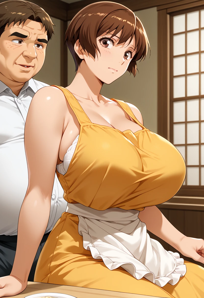 etsukoto, huge breasts,short hair,brown hair,brown eyes,
yellow dress, sleeveless dress, apron, white socks, mary janes　 huge breasts　stripgame
mahjong　Mahjong tournament　 sits at the mahjong table　Spectacle　Middle-aged fat man 　White Bra　ひやかし　　nsfw　 Punishment Game　Strip Mahjong　sit