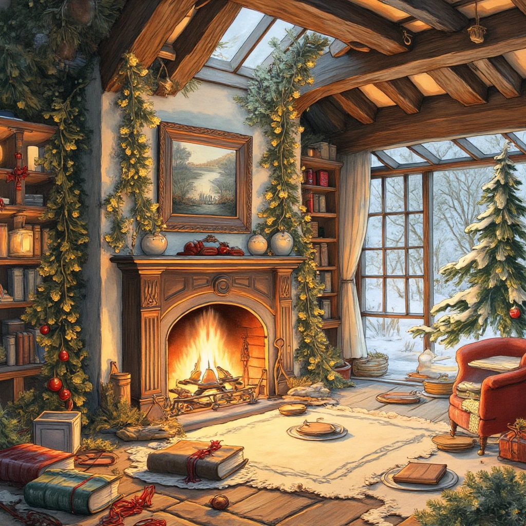 Christmas indoor fireplace， Plenty of indoor sunlight during the day，No one is indoors ， There is nothing in front of the fireplace ， classical books on the floor 
