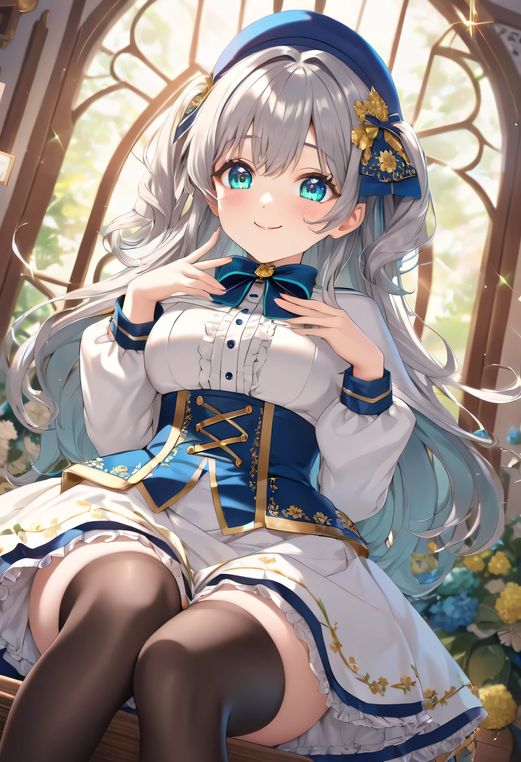 ((ultra-detailed)),   (highly detailed CG illustration),  (best quality:1.2),  ultra-highly detailed,  colorful composition, artistic photoshoot, 1girl, solo focus,  ((thigh to top:1.4)), ((cowboy shot:1.4)), moe anime character, teenage girl, dainty facial structure, (baby face), (round face), ((rounded chin:1.2)), ((ideal ratio body proportions)), celia-default, celia claire, (blue eyes), sparkle eyes, silver hair color, two side up, (oriental blue and white strips hair ribbon), ((white capelet with gold decorations and cyan lining:1.4)), (gothic lolita:1.2), lolita fashion, ((long sleeves white frilled shirt:1.4)), ((impossible clothes:1.4)), chichi-bukuro, off shoulder, cleavage,  (oriental blue tight tube top corset dress with gold decorations), purple frilly skirt, (gold floral embroidery:1.3), (detailed lace:1.1),  ((deep royal blue neck bow with ruby jewelry:1.4)), black pantyhose, (oriental blue beret), white lace panties, (pussy line), high angle, purple footwear, expecting, pink cheek, blush, light pink gloss slip,  standing by the window in a room decorated in rococo style, portrait, depth of field, soft lighting, sidelighting, (shine), lighting, caustics, ray tracing, smile, perfect face, lustrous skin, highly  detailed face, highly detailed eyes, perfect face, perfect nose, perfect hair, perfect eyes, perfect anatomy, beautiful hair, beautiful small face, extremely detailed face, beautiful detailed eyes, beautiful clavicle, beautiful body, beautiful huge breasts, leavage, breasts squeezed together, equalize the size of the left and right breasts, beautiful thin thighs,  beautiful legs, beautiful fingers, 4 fingers, 1 thumb, lovely, (very detailed background:1.0), (highly detailed background:1.0), spring aesthetic, intricate details, joyful atmosphere, spring colors palette, chromatic aberration