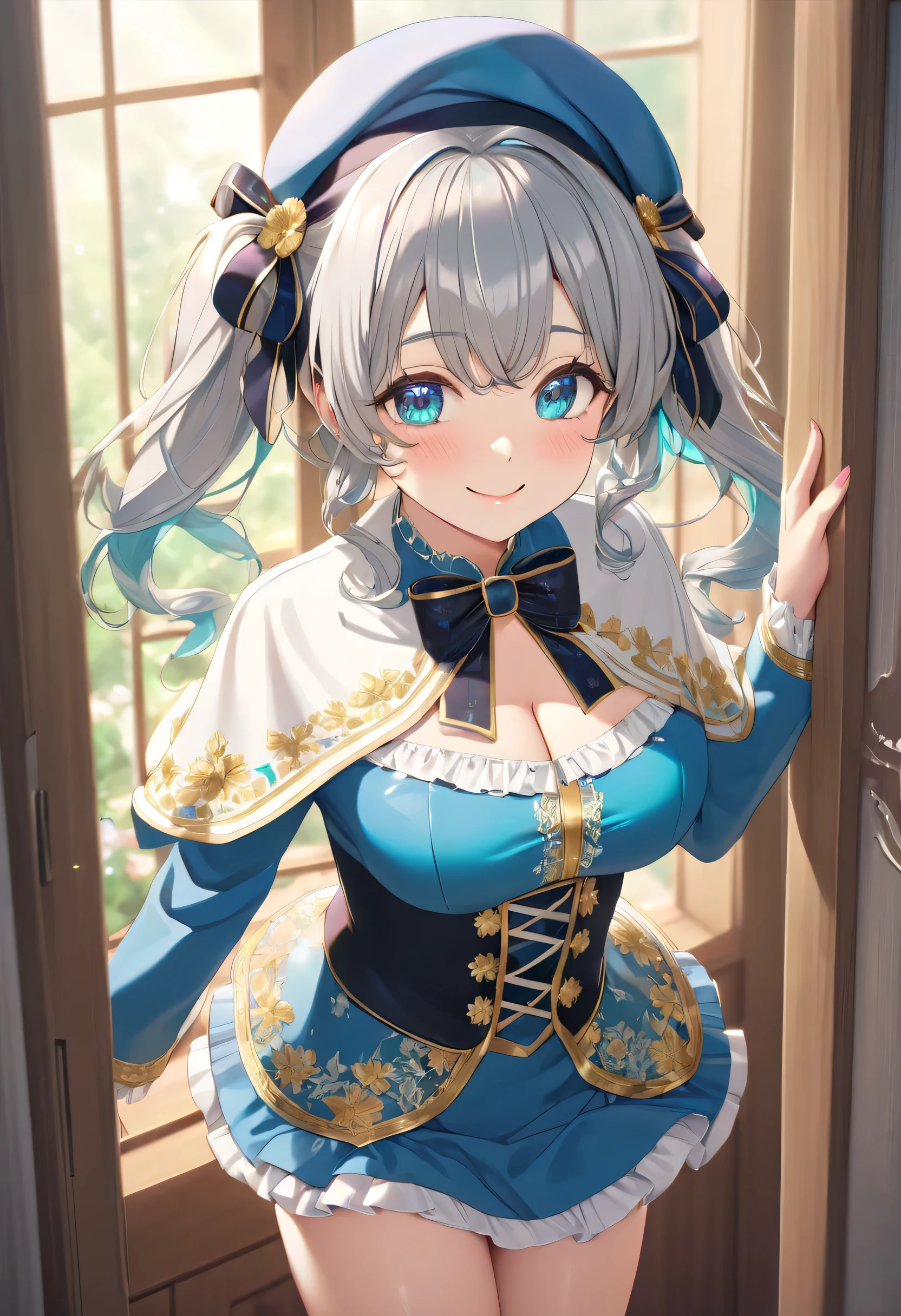 ((ultra-detailed)),   (highly detailed CG illustration),  (best quality:1.2),  ultra-highly detailed,  colorful composition, artistic photoshoot, 1girl, solo focus,  ((thigh to top:1.4)), ((cowboy shot:1.4)), moe anime character, teenage girl, dainty facial structure, (baby face), (round face), ((rounded chin:1.2)), ((ideal ratio body proportions)), celia-default, celia claire, (blue eyes), sparkle eyes, silver hair color, two side up, (oriental blue and white strips hair ribbon), ((white capelet with gold decorations and cyan lining:1.4)), (gothic lolita:1.2), lolita fashion, ((long sleeves white frilled shirt:1.4)), ((impossible clothes:1.4)), chichi-bukuro, off shoulder, cleavage,  (oriental blue tight tube top corset dress with gold decorations), purple frilly skirt, (gold floral embroidery:1.3), (detailed lace:1.1),  ((deep royal blue neck bow with ruby jewelry:1.4)), black pantyhose, (oriental blue beret), white lace panties, (pussy line), high angle, purple footwear, expecting, pink cheek, blush, light pink gloss slip,  standing by the window in a room decorated in rococo style, portrait, depth of field, soft lighting, sidelighting, (shine), lighting, caustics, ray tracing, smile, perfect face, lustrous skin, highly  detailed face, highly detailed eyes, perfect face, perfect nose, perfect hair, perfect eyes, perfect anatomy, beautiful hair, beautiful small face, extremely detailed face, beautiful detailed eyes, beautiful clavicle, beautiful body, beautiful huge breasts, leavage, breasts squeezed together, equalize the size of the left and right breasts, beautiful thin thighs,  beautiful legs, beautiful fingers, 4 fingers, 1 thumb, lovely, (very detailed background:1.0), (highly detailed background:1.0), spring aesthetic, intricate details, joyful atmosphere, spring colors palette, chromatic aberration