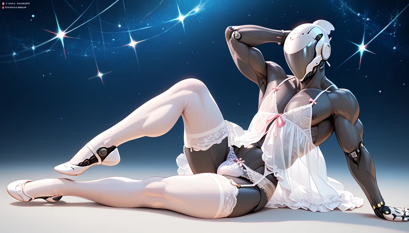 score_9, score_8_up, score_7_up, (fantasy background), ((cyborg:1.2), anthro, male, muscle, pale, (((noface))), white lace nightgown, white lace knee-high stockings, ((white lace panties)), beautiful), 1 person, white lace garter belt, light pink ribbon, black body, star night, robot helmet head, spot light, muscle male ballerina