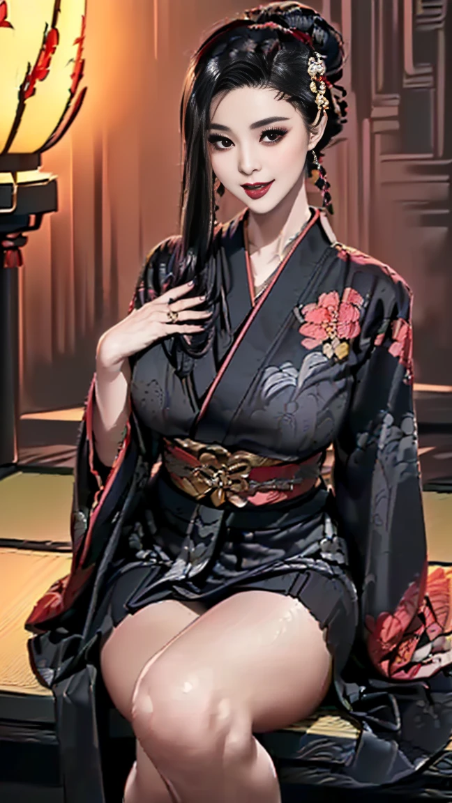 “A beautiful woman with long black hair and fair skin, wearing thin red eyeshadow. She exudes a captivating and alluring atmosphere, with rouge lipstick. She sticks out her tongue and licks a knife held in her hand. She is dressed in a traditional Japanese kimono, which is slightly open at the shoulders. The background is luxurious and magnificent.”