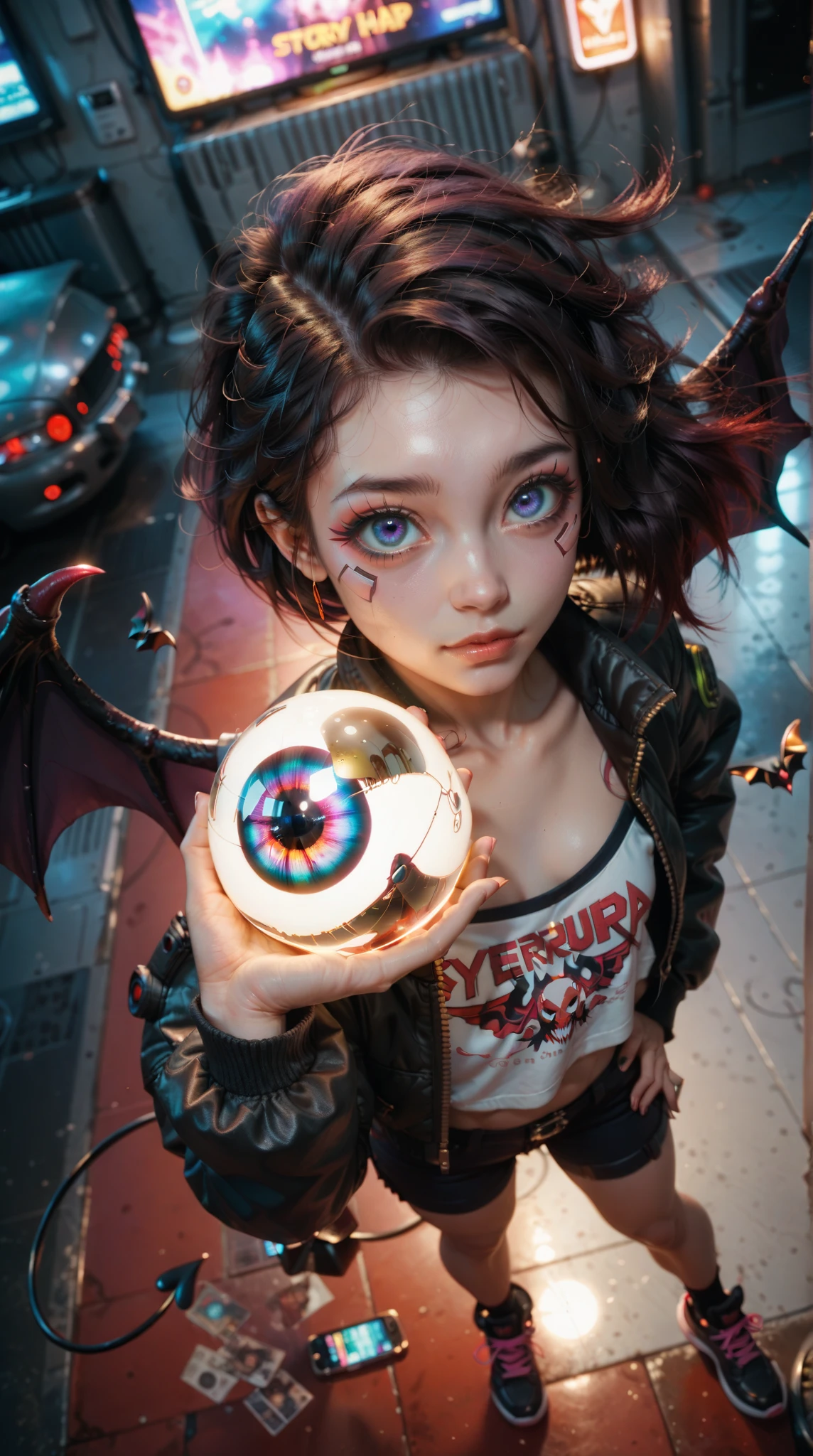  HD， high detail， Anime Girl，( s Mini :1.5)， Waterproof Big Eyes， Hip Hop Set ，Hip Hop Shoes ，lol，devil wings， Cyberpunk，from_above,looking_up,eyeball,