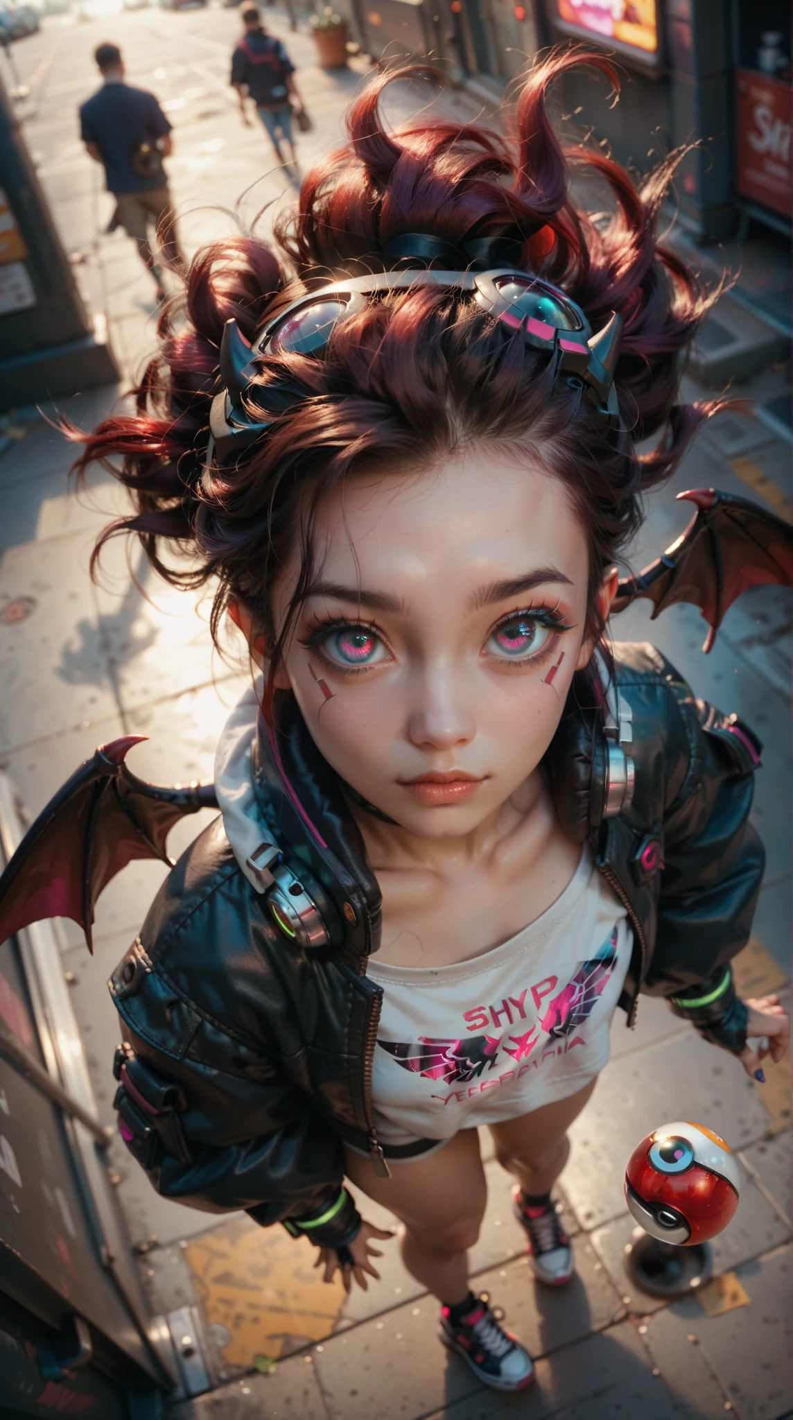  HD， high detail， Anime Girl，( s Mini :1.5)， Waterproof Big Eyes， Hip Hop Set ，Hip Hop Shoes ，lol，devil wings， Cyberpunk，from_above,looking_up,eyeball,