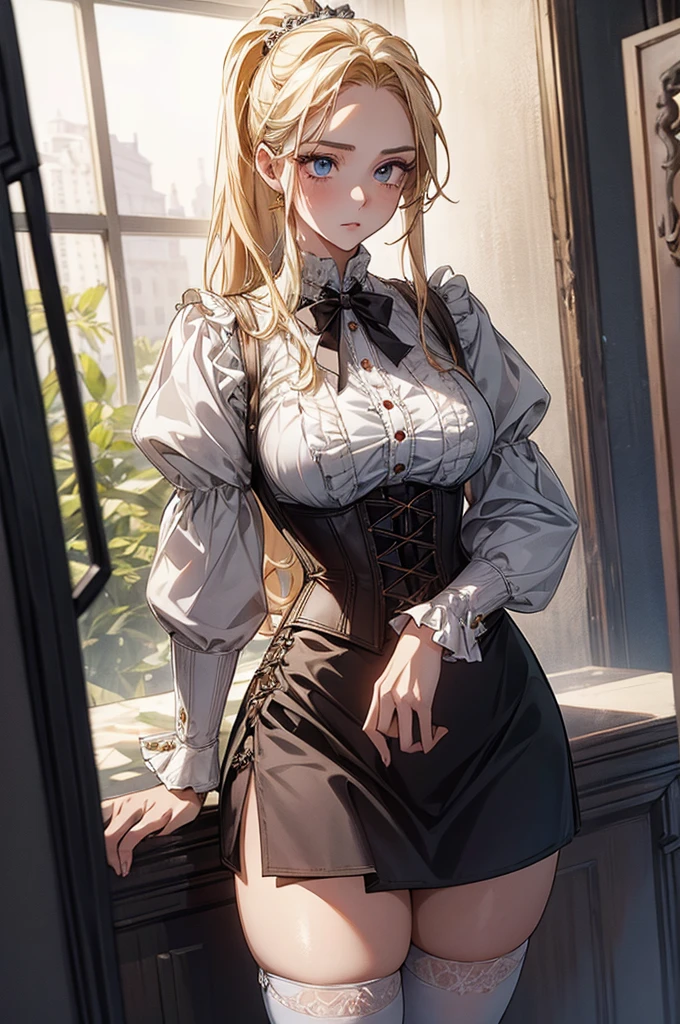 man, masculine, masculine face, attractive, muscular, ((1man)), masterpiece, absurdres, best quality ,intricate details , (shiny skin, shiny body, shiny oily luster skin, shiny hair, pale skintone), old castle, Sundown, attractive, ((muscular)), adult, one, tattoo ,white blouse, earrings, brown pants, Don't look at the view , Not looking at the view, blonde very long hair, perfect detailed face, perfect detailed hands, ((MLS)), medium large shoot