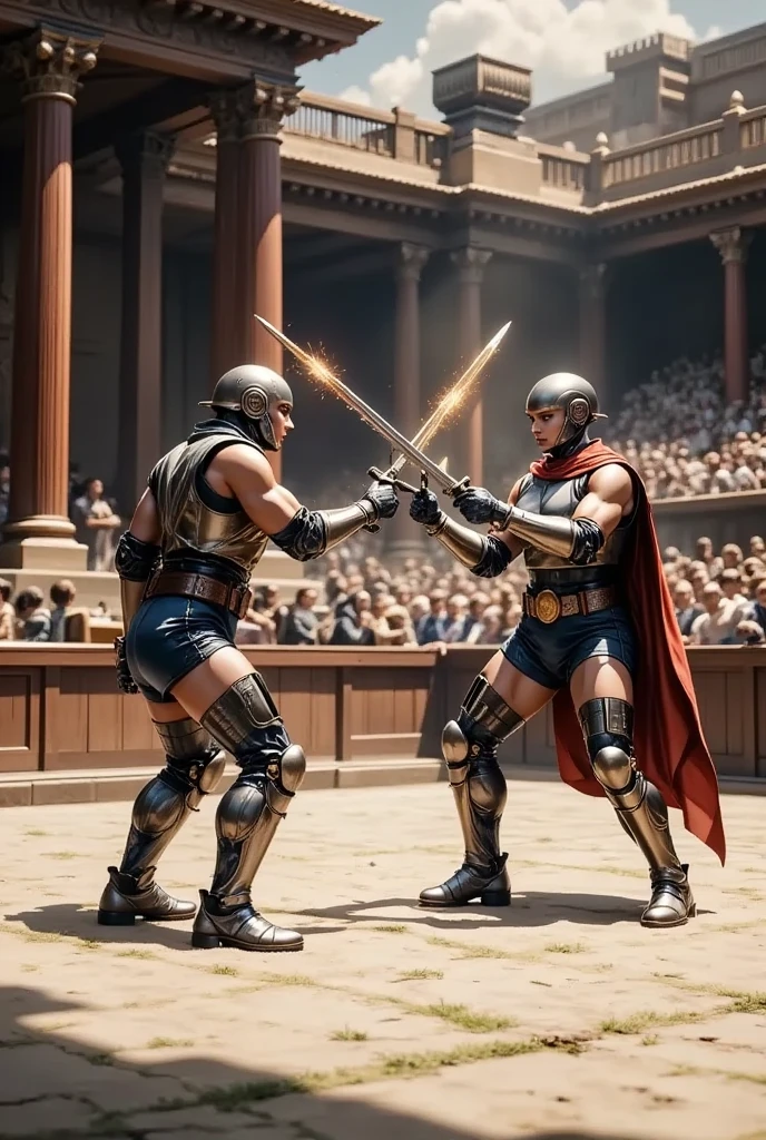 Paul and Feyd-Rautha move with lightning speed, their blades flashing in a blur of motion as they exchange blows. Each strike is met with a counter, the sound of metal on metal echoing through the arena.Visual: Paul and Feyd-Rautha clash in a flurry of movement, their swords clashing with a resounding clang. The intensity of the duel is palpable, with sand kicked up in the wake of their swift strikes.