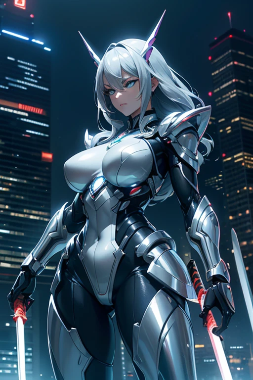  Future City,Skyscraper Street at Night ,A beautiful woman-shaped robot,Mechanical body ,metallic skin,Metallic Suit,Gladiator,Glare at the camera, hold a Japanese sword,(ギラリと輝く hold a Japanese sword:1.2), low angle