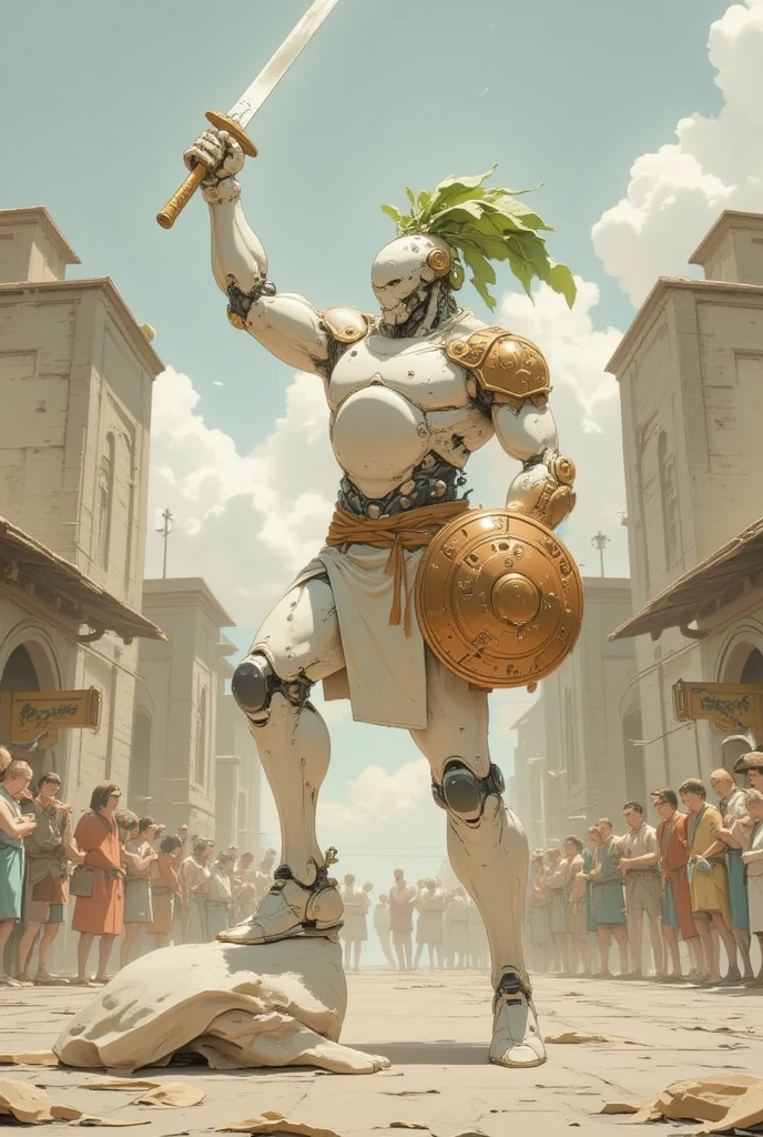 Fantasic illustration of a Daikon Robot Gladiator standing in a triumphant pose after winning a battle. The robot is designed with gladiator clearly identify elements\(Armor: Metallic and robust, with shoulder guards, chest plate, and leg armor that resemble ancient Roman gladiator gear. Helmet: A distinctive helmet with a green leaves, akin to those worn by traditional gladiators. Weapons: A large gladius in one hand, and a shield in the other, both with intricate daikon designs. Pose: The robot should stand with one foot on a defeated opponent or debris, raising its sword victoriously in the air.\) BREAK, Background: A grand colosseum filled with cheering spectators, with a dramatic sky to enhance the sense of victory. Details: Include elements like worn battle marks on the armor, and perhaps a laurel wreath to symbolize victory. Use bold colors and dynamic lighting to emphasize the power and heroism of the Robot Gladiator.