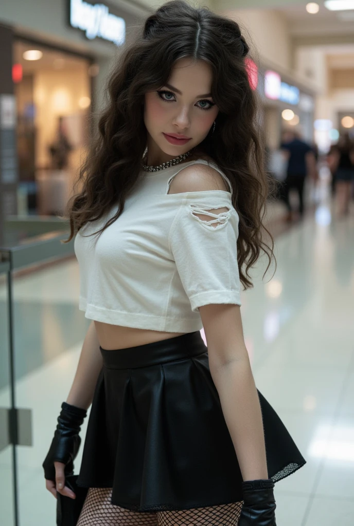 age 18, slim, tall, e-girl, goth girl,( Masterpiece, 4k resolution, ultra-realistic, very detailed) , blue eyes, curly thick black hair, skimpy outfit, petticoat, white ripped crop top tshirt, bag in her arm, shopping, fishnet stockings,  mall backgrounds, 1800s style hairstyle, hair up, small perky breasts, cute girl, slim bodytype, side profile