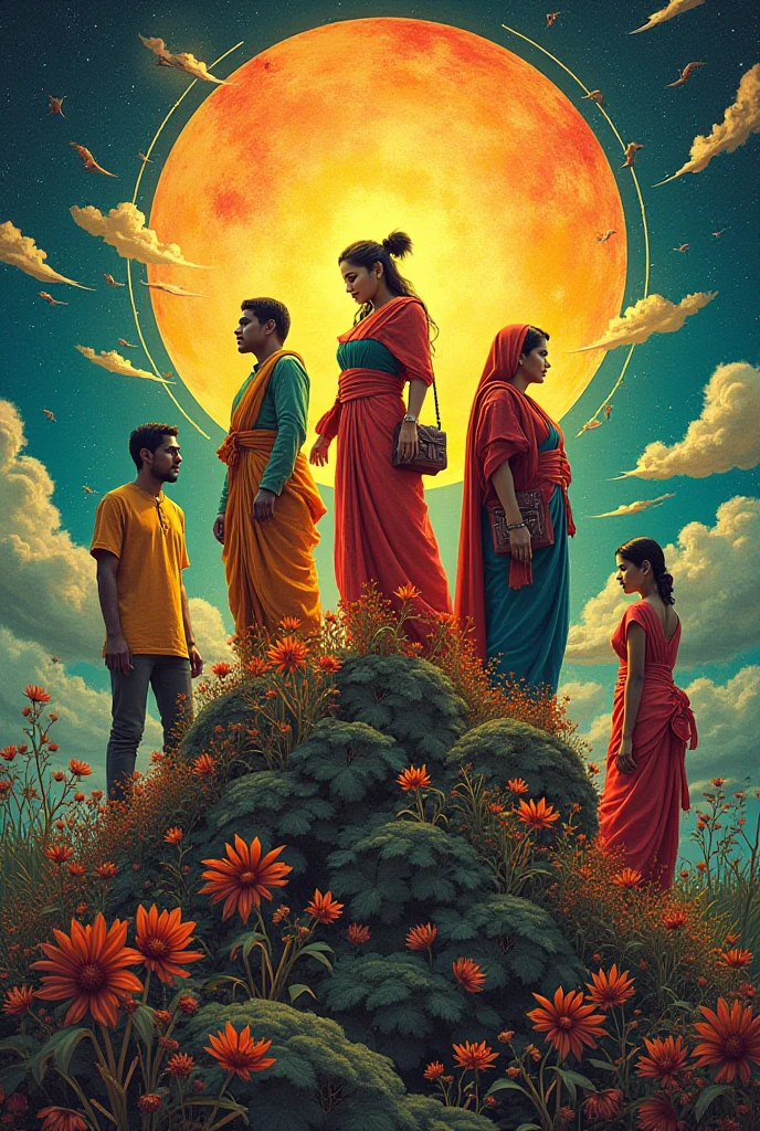 Illustration of  fusion of kashmir and kanyakumari indian culture with their traditional clothes, cultural  food , gods , and festivals 