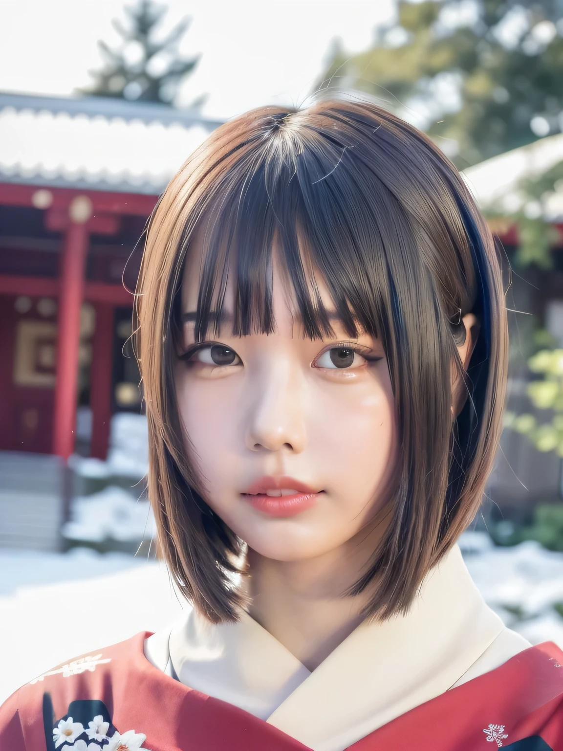 A breathtakingly beautiful 20-year-old woman with a slender physique, dressed in an elegant and luxurious black and red kimono suitable for the Japanese New Year. The background showcases a serene sunrise on New Year's Day, with a traditional Japanese shrine, snow-covered grounds, and vibrant red camellias in full bloom. The scene captures a harmonious blend of traditional beauty and the peaceful atmosphere of a snowy New Year's morning. smiles gently, FRIENDLY. ( RAW photos , top quality ), ( realistic, photo- realistic:1.4), masterpiece, extremely delicate and beautiful, extremely detailed, 2k wallpaper, amazing on the beach, detailed depiction , extremely detailed CG unity 8k wallpaper, Ultra Details, high res, Soft light, extremely detailed eyes and face, beautiful detailed nose, beautiful detailed eyes, cinematic lighting, Perfect Anatomy, slender body.