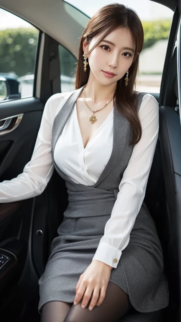 masterpiece,  top quality , beautiful woman in a business suit
I'm wearing pantyhose、 Ultra Fine,   Textured Skin,   anatomically accurate,   high detail ,  night 、sit in car seat、4K、8k
 Ultra Fineの美しい女性  ,   High Definition Model  ,  shirt、 skirt 、 beautiful feet、 necklace、 earrings for women with first name、 watch 