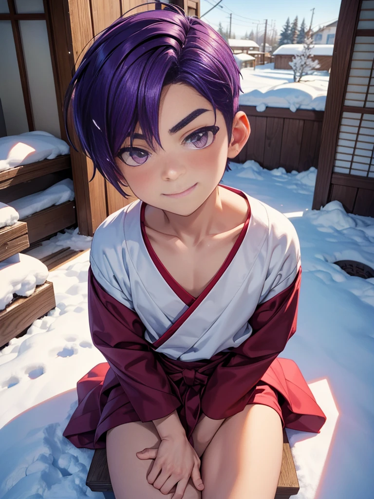 Nendoroid-style 3D SD character. Boy. Purple hair. Straight bobbed hair with little bounce. He has purple eyes with a glazed look. Thin, arched eyebrows. Eyebrows are lowered. Red cheeks. He is smiling with a sleepy look on his face. He is sitting on the porch of a Japanese-style room, watching the snow piling up in the garden.