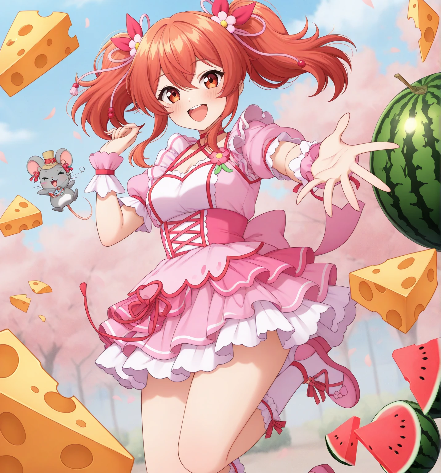  anime hair girl Pink is a holding of pink and green, The material is!!! watermelon!!!, commission ,  anime cover image , (cheese),  author ： light of love ,  cute art style , ❤🔥🍄🌪,  official painting , Official girlfriend art ,  mouse maple story , oc commission ,  soft anime drawing , commission s for, Moe style anime, commission  art, fullbody commission  for