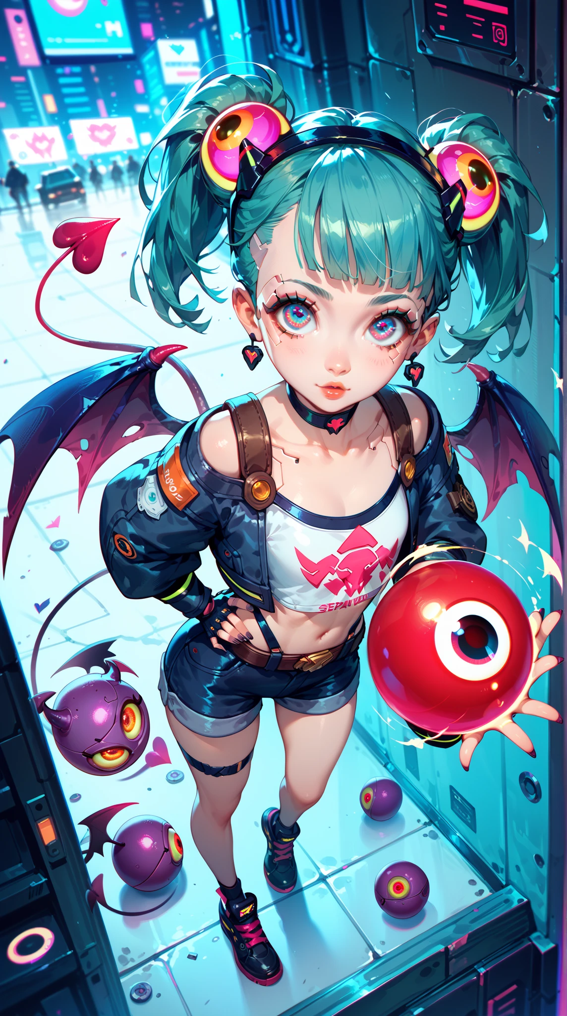  HD， high detail， Anime Girl，( s Mini :1.5)， Waterproof Big Eyes， Hip Hop Set ，Hip Hop Shoes ，lol，devil wings， Cyberpunk，from_above,looking_up,eyeball,