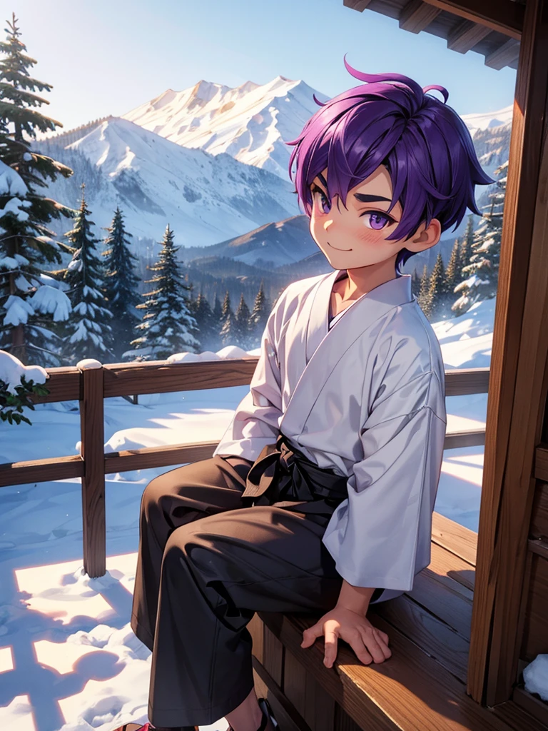 Nendoroid-style 3D SD character. Boy. Purple hair. Straight bobbed hair with little bounce. He has purple eyes with a glazed look. Thin, arched eyebrows. Eyebrows are lowered. Red cheeks. He is smiling with a sleepy look on his face. He is sitting on the porch of a Japanese-style room, watching the snow piling up in the garden.