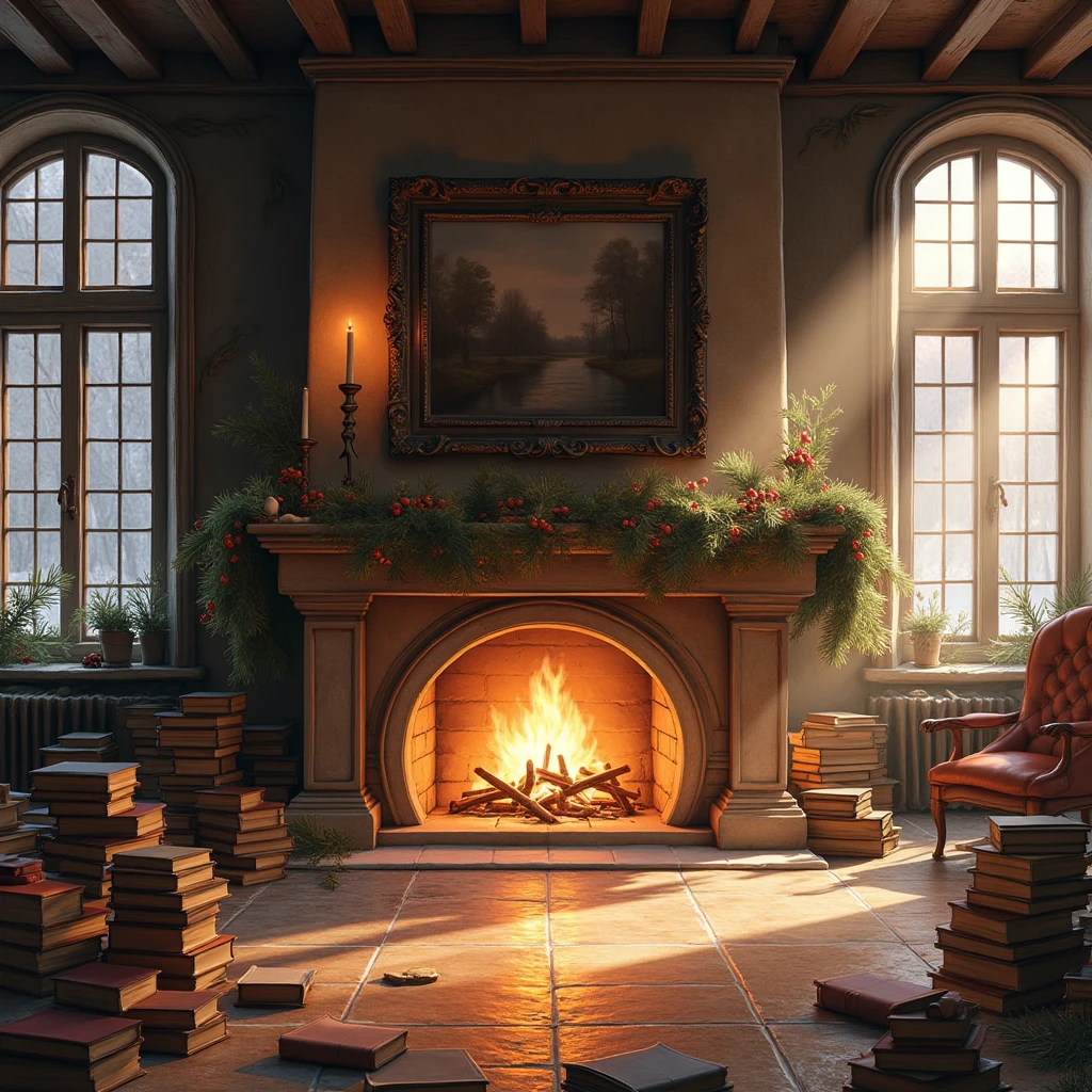 Christmas indoor fireplace， Plenty of indoor sunlight during the day，No one is indoors ， classical books on the floor 