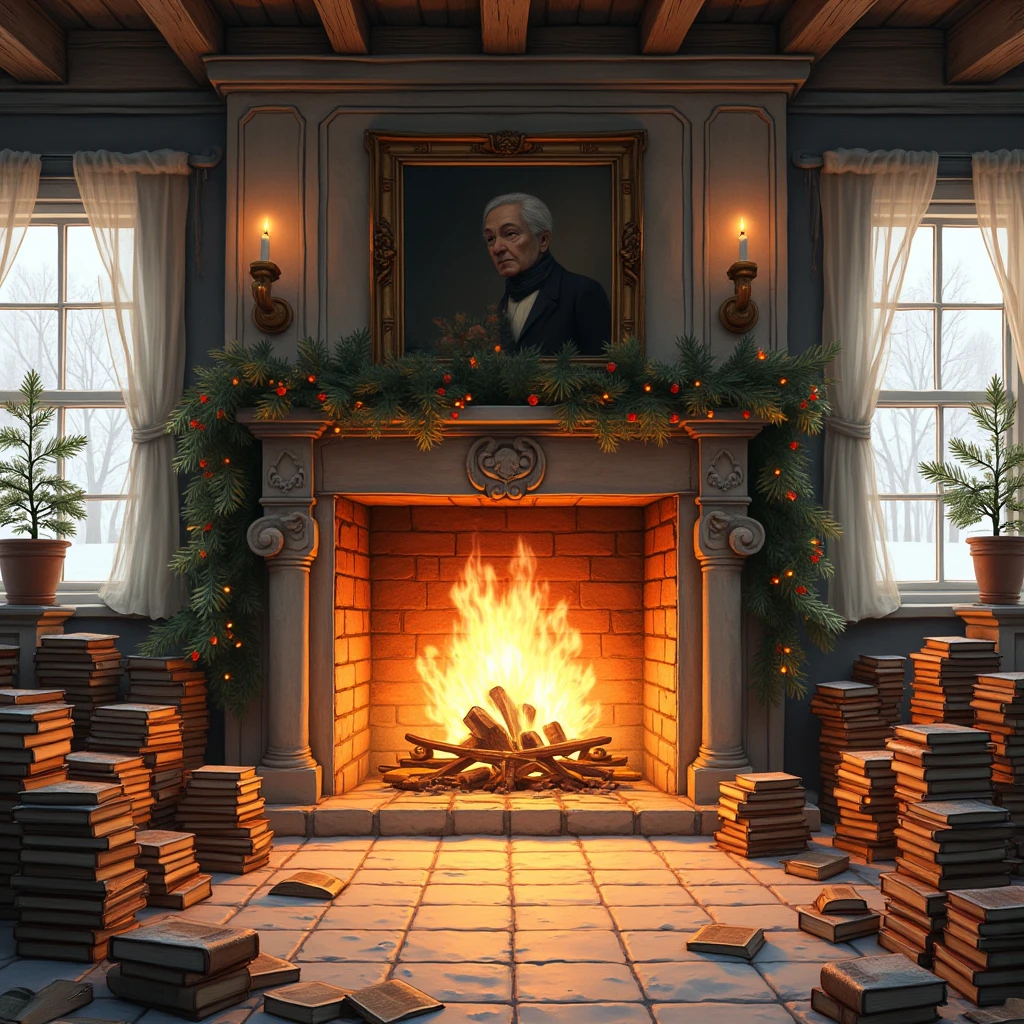 Christmas indoor fireplace， Plenty of indoor sunlight during the day，No one is indoors ， classical books on the floor 