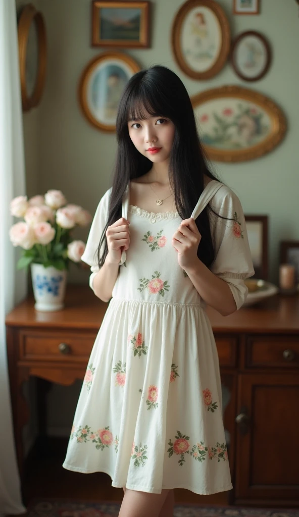 a young woman standing in a room with vintage decor. She is wearing a white dress with floral patterns and long, straight black hair. She is holding onto the straps of her dress with both hands. The room has a wooden desk with a vase of flowers on it, and there are several framed pictures and artworks on the walls. The lighting in the room is soft, casting a gentle glow on the subject. The woman is wearing white socks and white shoes. Her gaze is directed towards the viewer, and she has brown eyes.