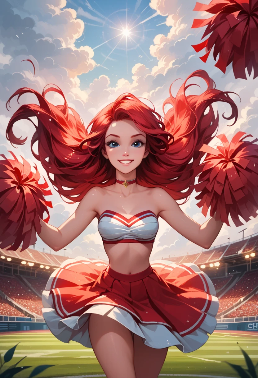 score_9, score_8_up, score_7_up, score_6_up, rating_safe, source_cartoon, BREAK beautiful ariel (long red hair:1.1), sexy smirk, BREAK sexy cheerleader uniform, sneakers, pom poms, cheer poses, choker, BREAK sports field, daytime, sunny, BREAK shallow depth of field, BREAK highly detailed, bokeh, moody, epic, gorgeous, grainy, BREAK (ultra-detailed), (best illustration), (best shadow), (absurdres), (detailed background), (very aesthetic).