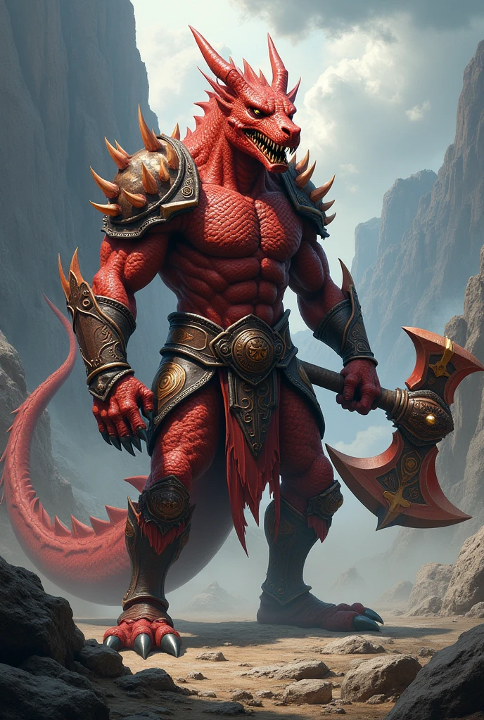 A red, male, dragonborn, barbarian, dungeons and dragons, very muscular, red scales, with a light peach color on bottom jaw and down to the groin, wearing a leather loincloth, holding a large sword in an attack pose