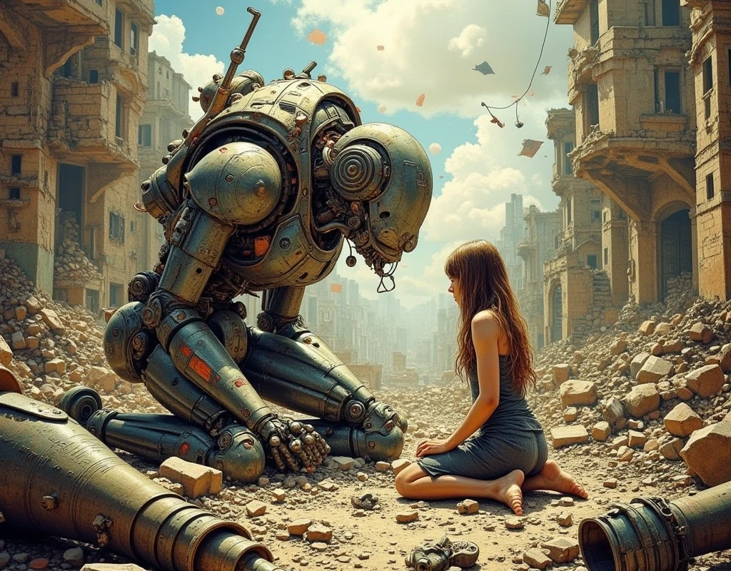 (masterpiece,top quality :1.2),(Paintings painted in faded colors),(((Details of the ragged robot with missing parts))), gladiator of the robot after the battle,(the robot lost lot of parts),(((short-circuit sparks))),the robot is kneel down in front of one human woman, (she is wearing shabby clothes and barefoot,she crying and look down),focus on the her sad expression,dusted huge weapons, ash covered metaric texture,broken building and flying debris,Background Blur,Cinematic Light Effects, 