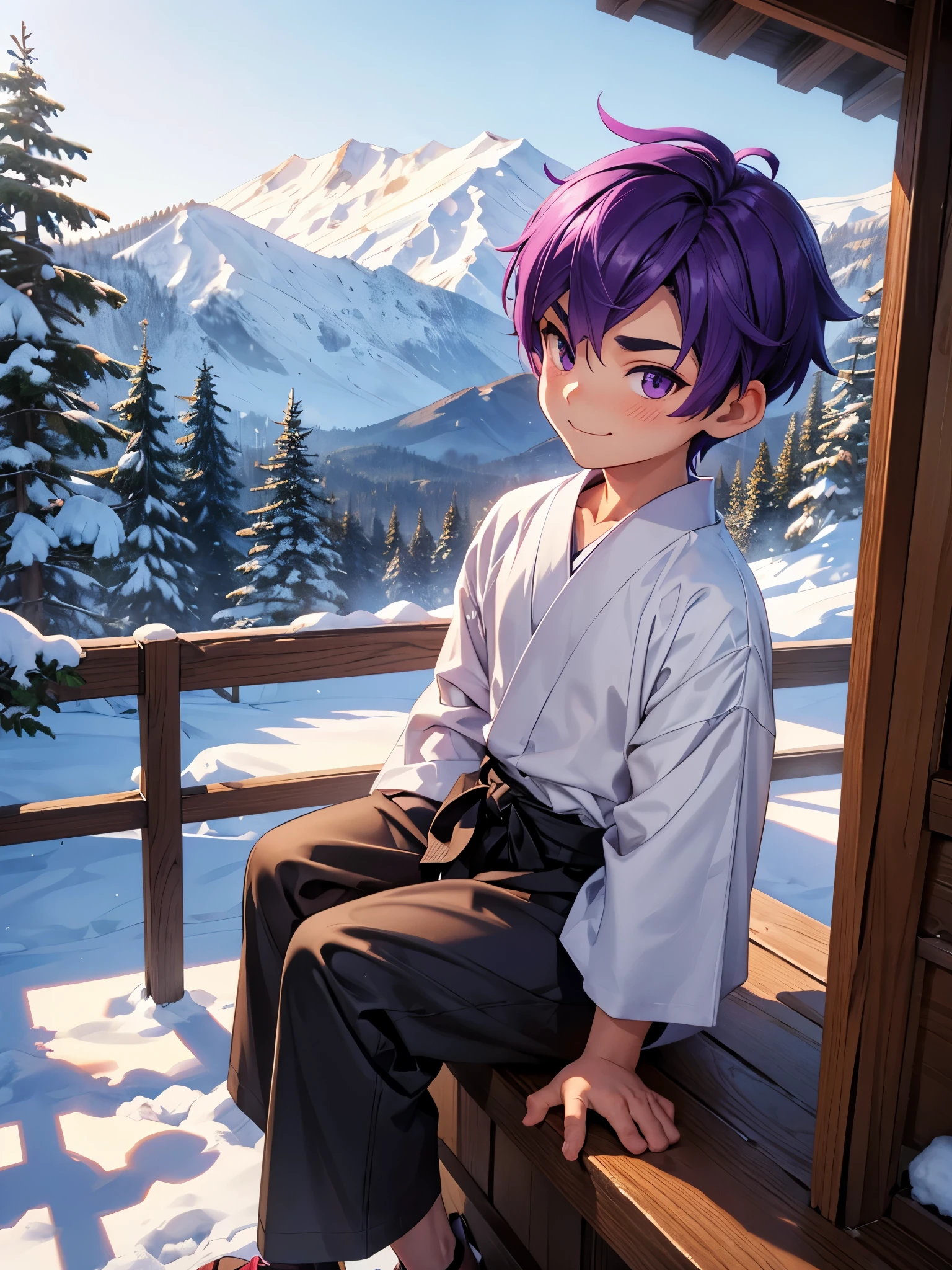 Nendoroid-style 3D SD character. Boy. Purple hair. Straight bobbed hair with little bounce. He has purple eyes with a glazed look. Thin, arched eyebrows. Eyebrows are lowered. Red cheeks. He is smiling with a sleepy look on his face. He is sitting on the porch of a Japanese-style room, watching the snow piling up in the garden.