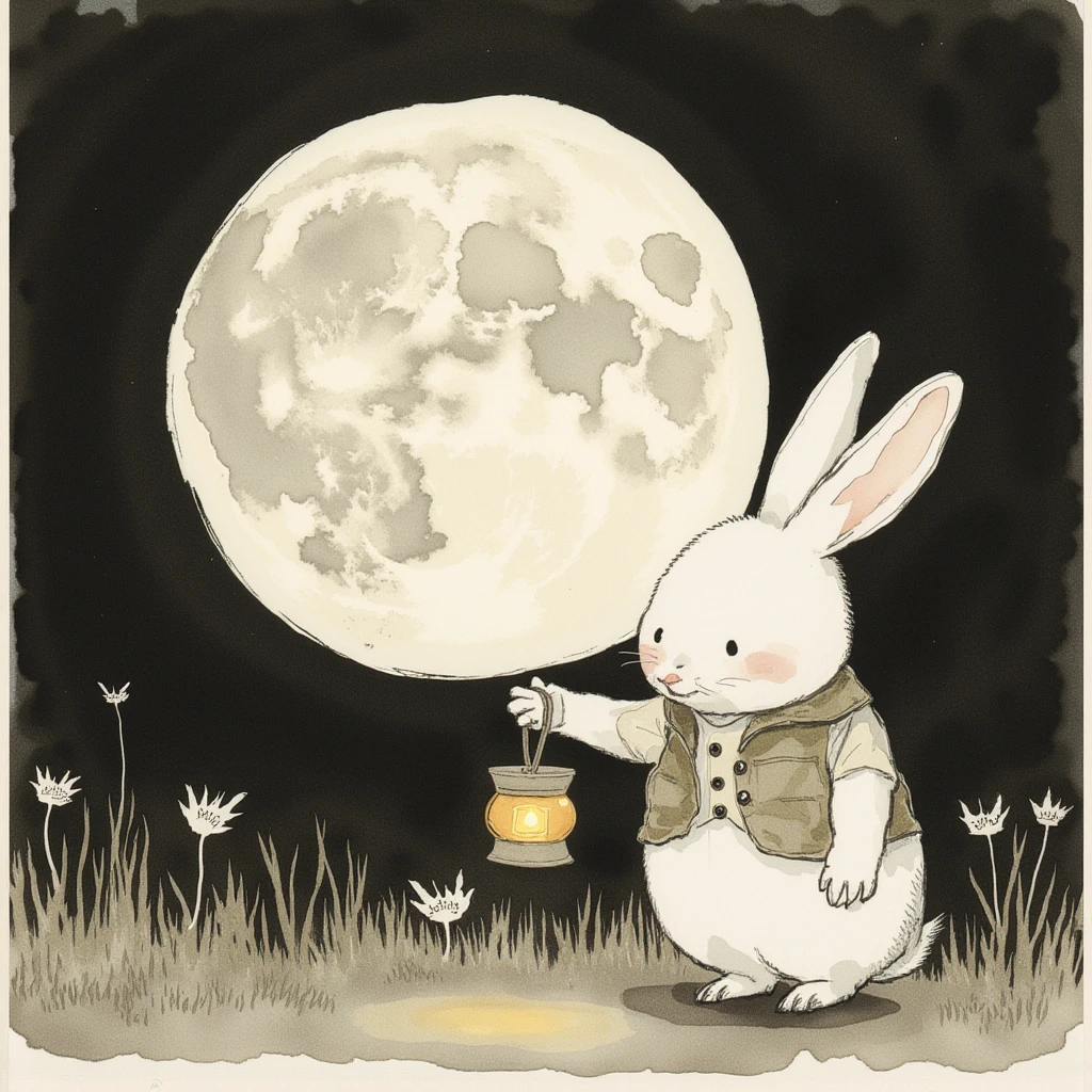 monochrome,watercolor painting, Big full moon with small ears and cute white rabbit wearing a small vest and holding a lantern glowing surrealistic