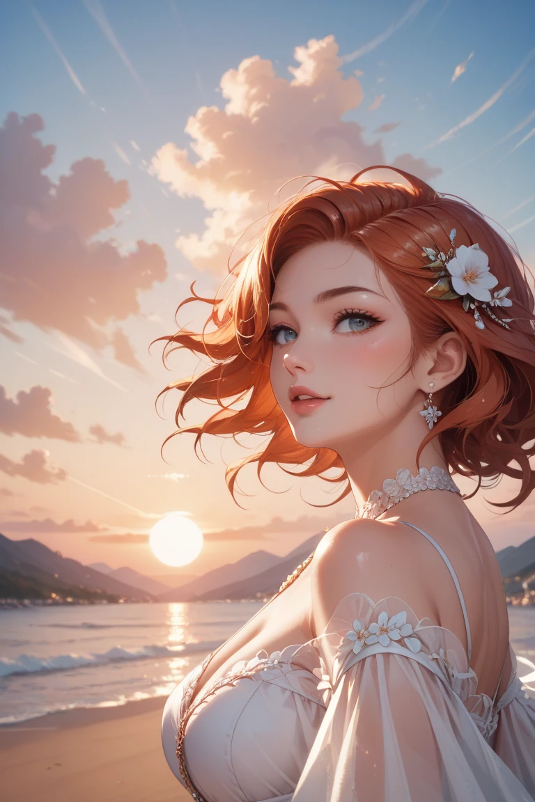 high quality, ((anime-style yor forger)) 8K Ultra HD, A beautiful double exposure that combines an goddess silhouette with sunset coast, sunset coast should serve as the underlying backdrop, with its details incorporated into the goddess , crisp lines, sharp focus, double exposure, by yukisakura, awesome full color, sexy, hot implied nude redhead