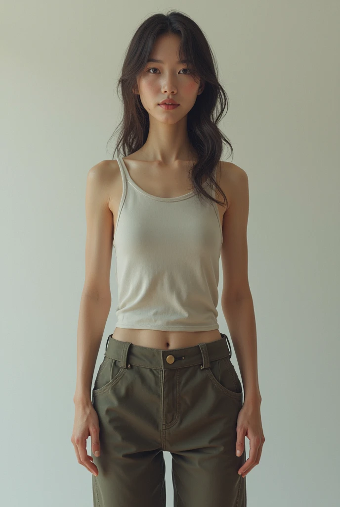 RAW photo, bokeh (realism: 1.4, realistic), high detail CG unified 8K wallpaper, 1girl, (HQ skin: 1.4), 8k uhd, dslr, ((front lighting)), high quality, Fujifilm XT3, (big breast:1), (whole body:1.2), cream color of knit tank top, show thigh, short pants, (full body:1.5), looking at the viewer, seductive pose