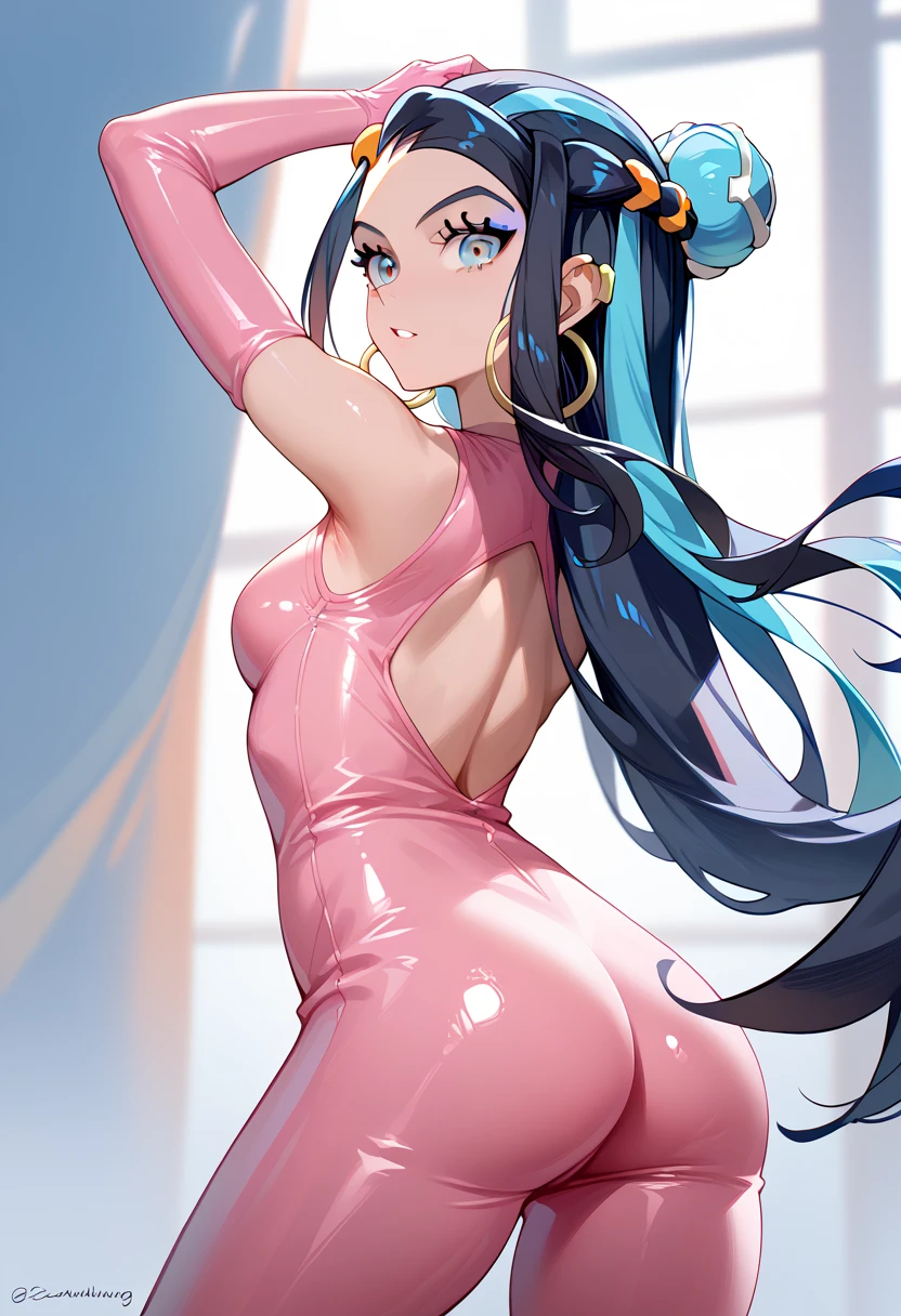 masterpiece, high definition , top quality,8k
(Nessa,black Hair, blue Eyes, )
(Pink Latex suit) back view, smilling, showinh armpit, 