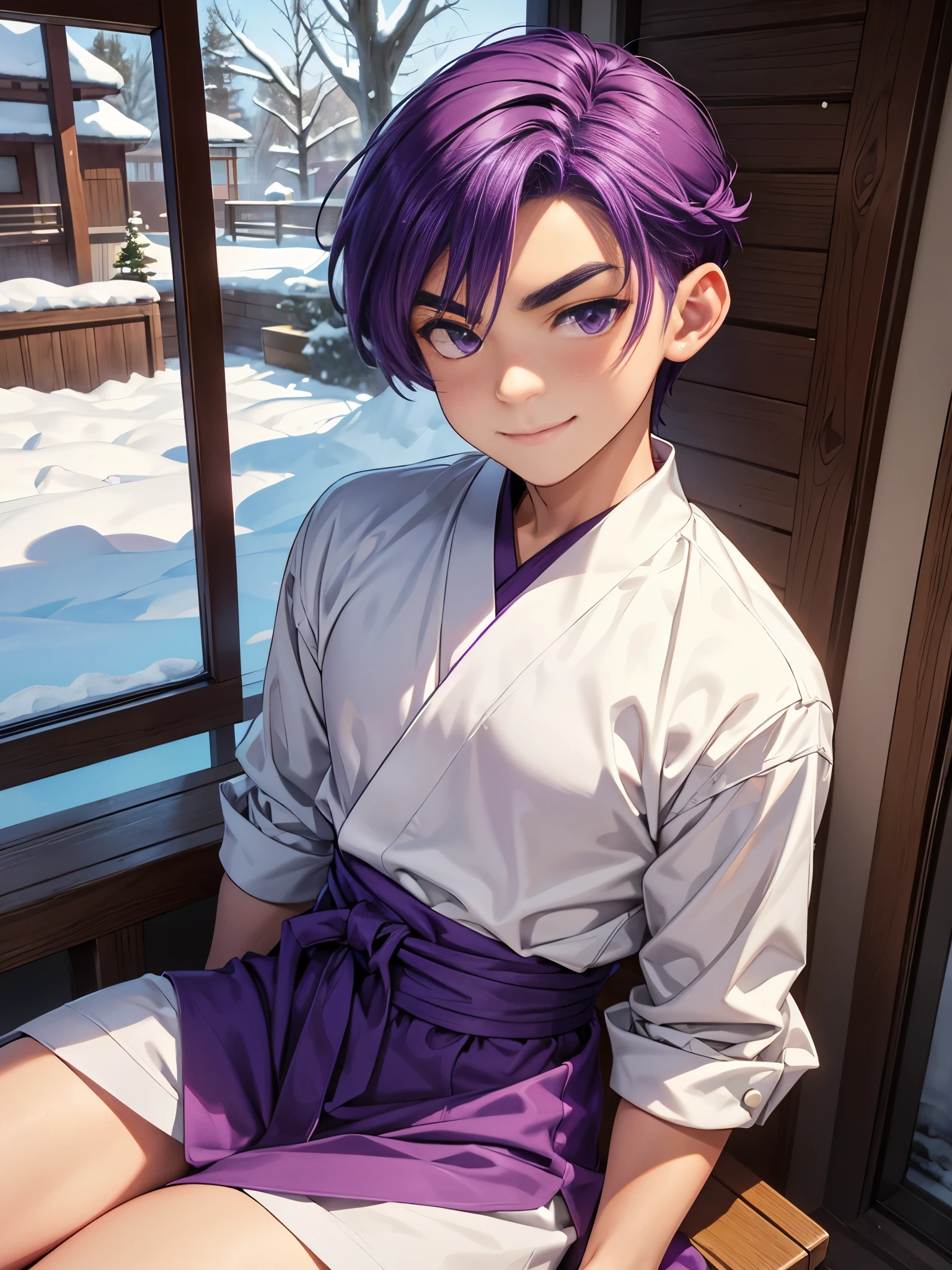 Nendoroid-style 3D SD character. Boy. Purple hair. Straight bobbed hair with little bounce. He has purple eyes with a glazed look. Thin, arched eyebrows. Eyebrows are lowered. Red cheeks. He is smiling with a sleepy look on his face. He is sitting on the porch of a Japanese-style room, watching the snow piling up in the garden.