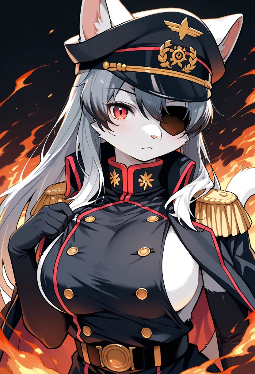 1girl, (furry, kemono:1.5), cat girl, animal nose, catears, cat tail, robot joints, breasts, red eyes, large breasts, sideboob, grey hair, eyepatch, long hair, high collar, gloves, hat, military uniform, peaked cap, sash, epaulettes, military hat, elbow gloves, dress, looking at viewer, military, coat, fire, solo, adjusting clothes, upper body, black gloves, black headwear, one eye covered, closed mouth, black coat, double-breasted, masterpiece, best quality, very aesthetic, absurdres,