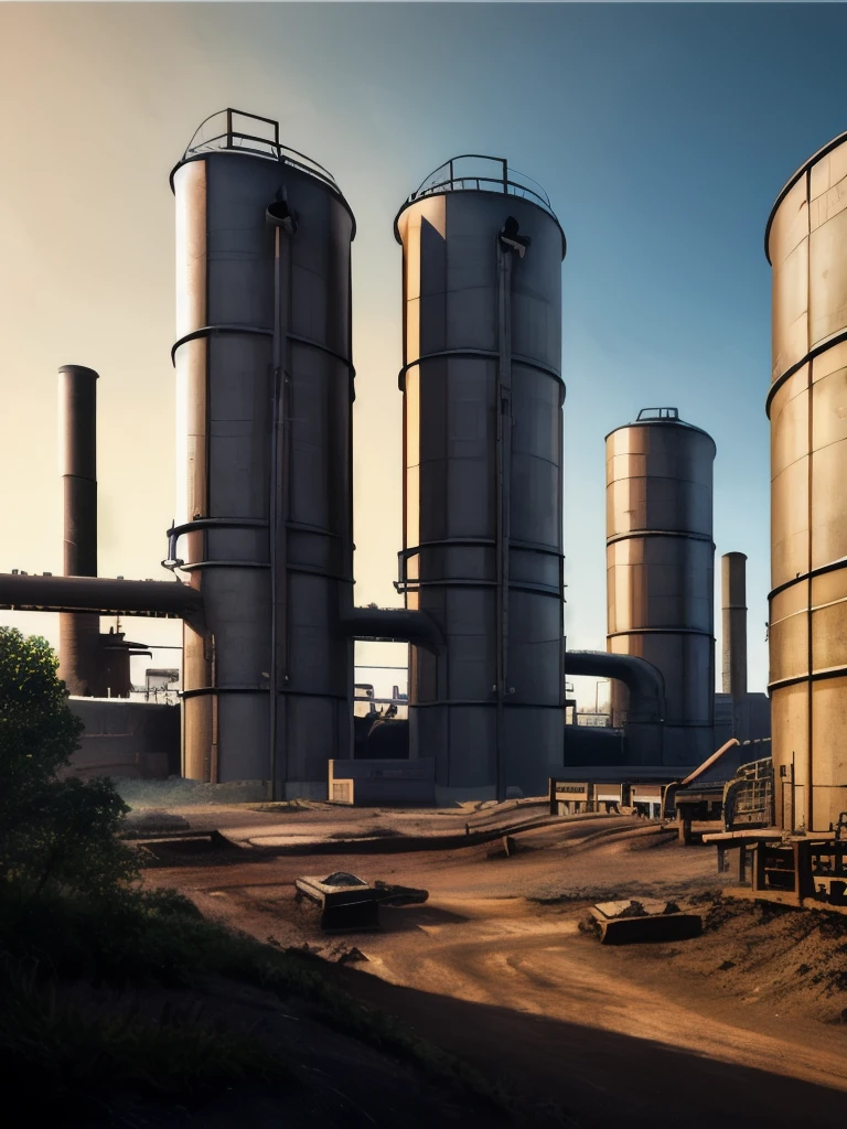 there are many large tanks that are sitting in the dirt, a detailed matte painting by Wu Zhen, deviantart, digital art, abandoned steelworks, industrial scifi, industrial sci fi, industrial sci-fi, industrial sci - fi, post apocalyptic factory, industrial aesthetic, industrial complex, dystopian landscape, # dystopian art, chemical plant, industrial setting, industrial, rusty metal towers