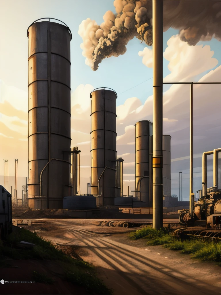 there are many large tanks that are sitting in the dirt, a detailed matte painting by Wu Zhen, deviantart, digital art, abandoned steelworks, industrial scifi, industrial sci fi, industrial sci-fi, industrial sci - fi, post apocalyptic factory, industrial aesthetic, industrial complex, dystopian landscape, # dystopian art, chemical plant, industrial setting, industrial, rusty metal towers