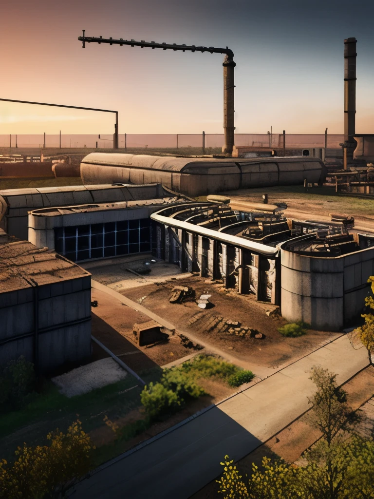 there are many large tanks that are sitting in the dirt, a detailed matte painting by Wu Zhen, deviantart, digital art, abandoned steelworks, industrial scifi, industrial sci fi, industrial sci-fi, industrial sci - fi, post apocalyptic factory, industrial aesthetic, industrial complex, dystopian landscape, # dystopian art, chemical plant, industrial setting, industrial, rusty metal towers