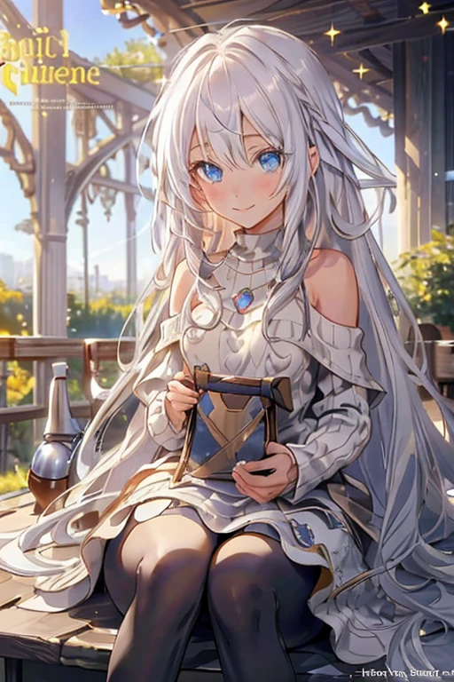 (from below:1.2),((1girl, silver hair, long hair, qutel blue eyes, beautiful eyes, pretty smile:1.5, ), ( off-shoulder dress, sweater dress), ray tracing, vibrant colors, girl, masterpiece, sharp focus, best quality, depth of field, cinematic lighting, detailed outfit, 4k, perfect eyes, rich in details and textures, white hair, very long hair, golden eyes, hair between eyes, colored inner hair, bright smile, knitted loose, loose clothes, long sweater, black legwear, sitting on grass, under tree, sunlight, light rays, god rays, looking up, smiling, bare shoulders, leggings,(beautifull detailed face), (perky chest:1.2), (pointed chest:1.1), (morning cafe magazine cover:1.3),(with sparkling eyes and a contagious smile),her thin pubic hair:1.2, looking at viewer