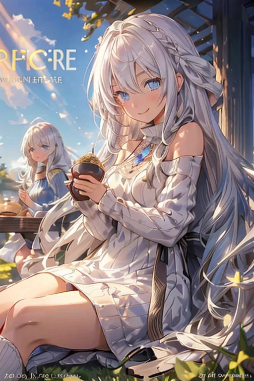 (from below:1.2),((1girl, silver hair, long hair, qutel blue eyes, beautiful eyes, pretty smile:1.5, ), ( off-shoulder dress, sweater dress), ray tracing, vibrant colors, girl, masterpiece, sharp focus, best quality, depth of field, cinematic lighting, detailed outfit, 4k, perfect eyes, rich in details and textures, white hair, very long hair, golden eyes, hair between eyes, colored inner hair, bright smile, knitted loose, loose clothes, long sweater, black legwear, sitting on grass, under tree, sunlight, light rays, god rays, looking up, smiling, bare shoulders, leggings,(beautifull detailed face), (perky chest:1.2), (pointed chest:1.1), (morning cafe magazine cover:1.3),(with sparkling eyes and a contagious smile),her thin pubic hair:1.2, looking at viewer