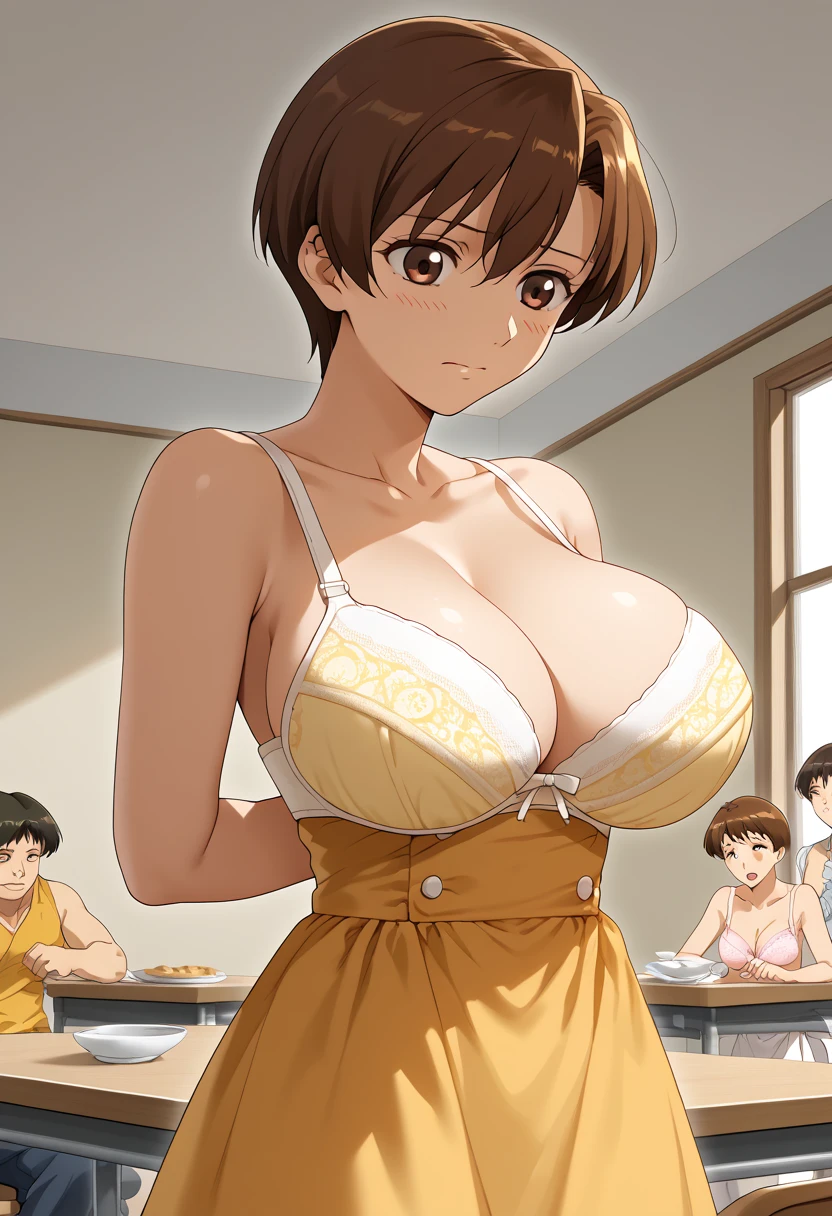 etsukoto, huge breasts,short hair,brown hair,brown eyes,
yellow dress, sleeveless dress, apron, white socks, mary janes　 huge breasts　stripgame
mahjong　Mahjong tournament　 sits at the mahjong table　Spectacle　Middle-aged fat man 　Group　White Bra　ひやかし　　nsfw(1.5)　 Punishment Game　Strip Mahjong　座るundressing Bra, arms behind back, Bra, forward slack (1.4) lingerie white panties